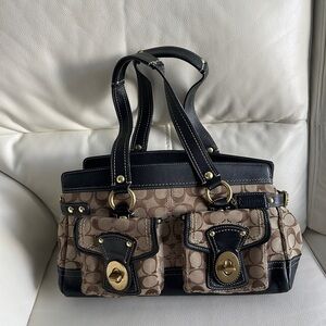 Coach Biege/Navy Blue Signature Canvas and Leather Satchel